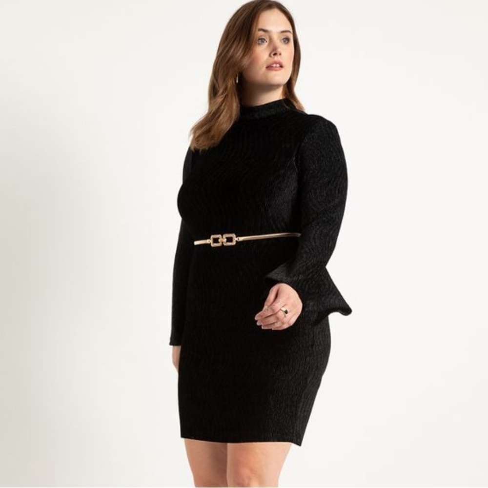 NWT Eloquii Flare Sleeve Textured Velvet Mini Dress in Black